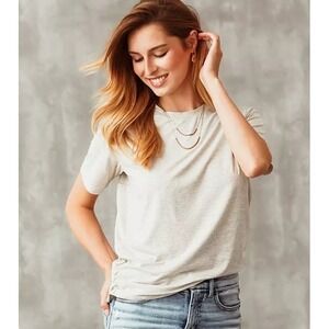 Buckle Black Womens Large Tan White Striped Ruched Side Short Sleeve T-Shirt